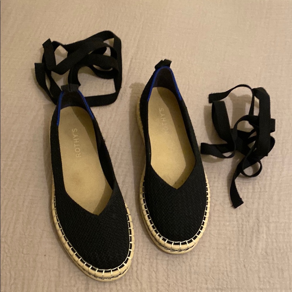 Rothy's Black Espadrille Lace-Up Flats with Natural Jute Trim. Size 7.5 - Picture 2 of 7